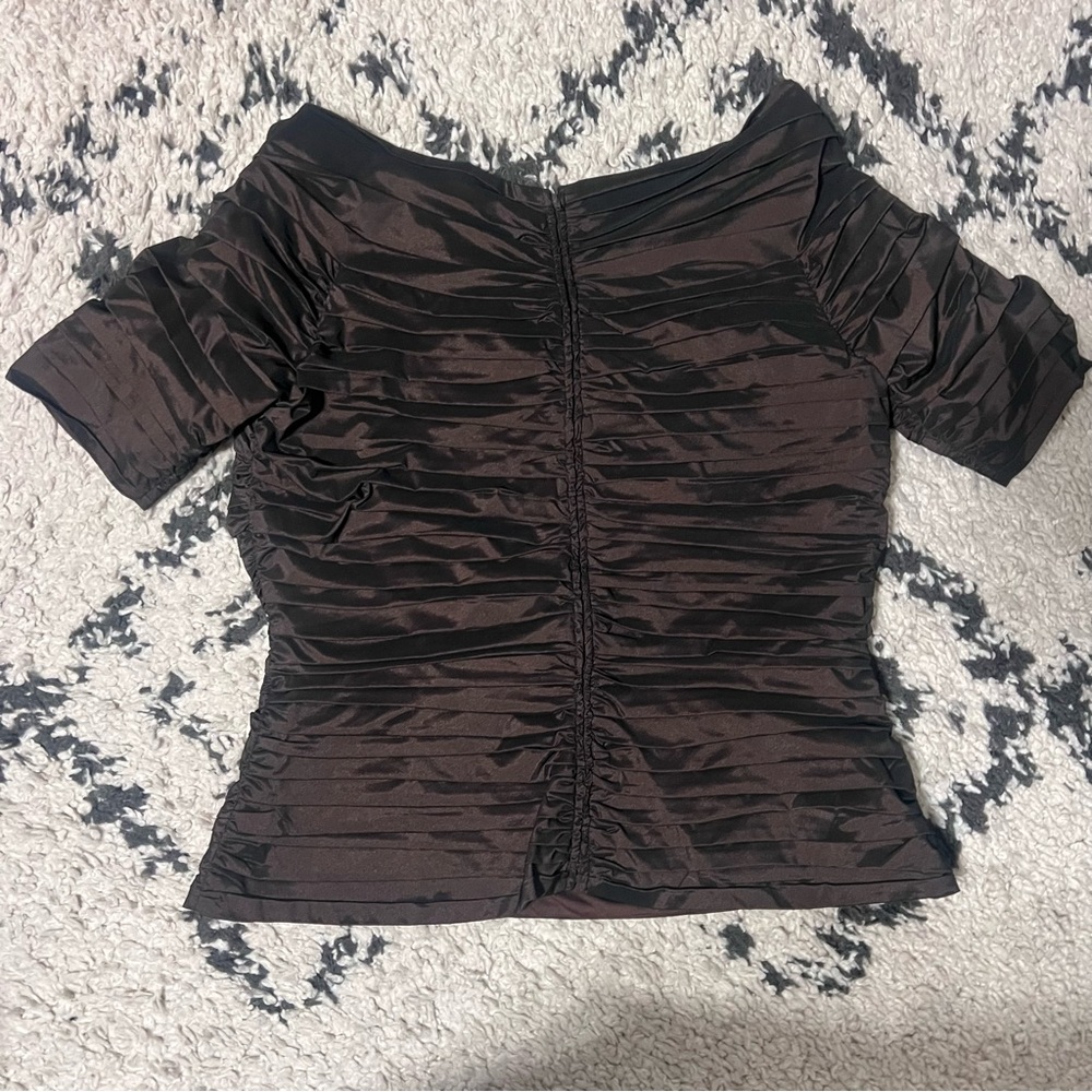 Tadashi Shoji Brown Ruched Beaded Short Sleeve Top Mother Bride Groom Size 16 - Picture 3 of 5